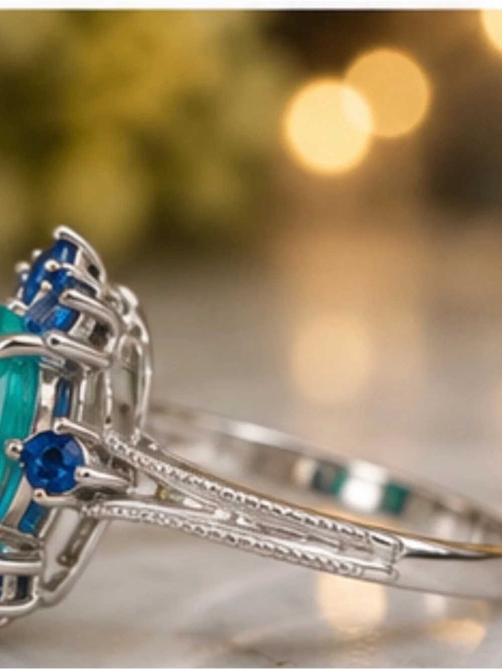 lab created blue and green stone, Rhodium Plated size 7